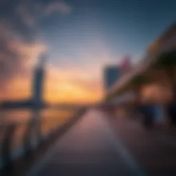 Stunning view of the Dubai Mall Waterfront Promenade at sunset