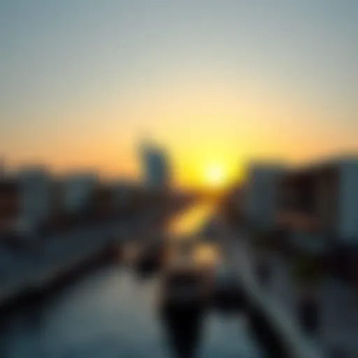 Scenic view of the Dubai Canal Walk at sunset